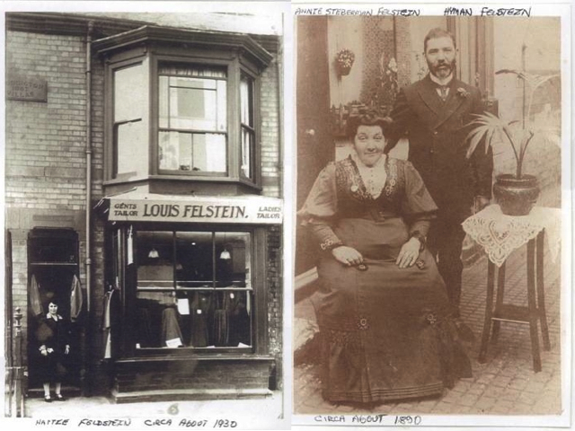 On left, Louis Felstein's shop (ca 1930), on right Annie & Hyman Felstein (ca 1890)